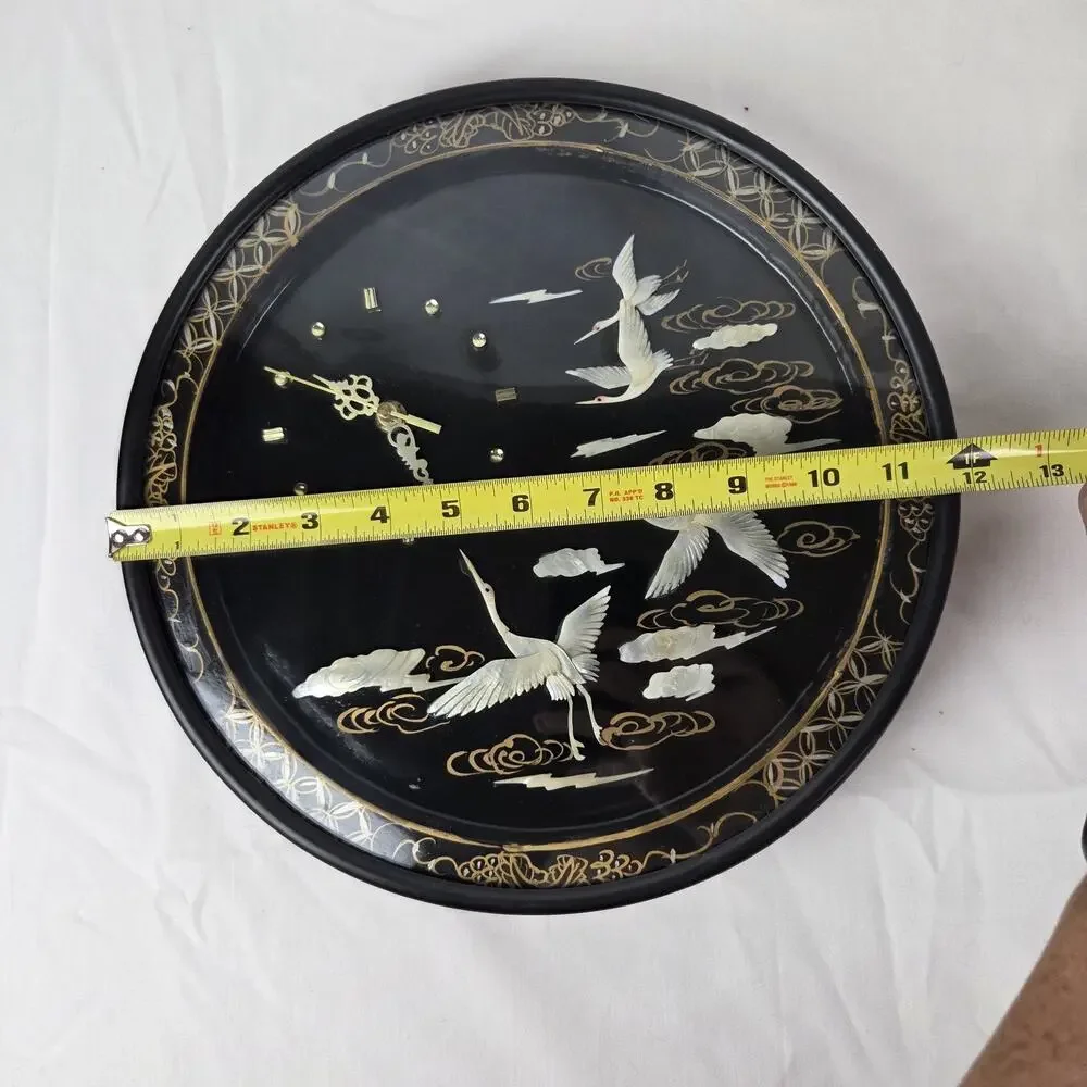 Vintage Asian Mother of Pearl Bird Lacquer Wall Clock 12” Japanese Crane Black